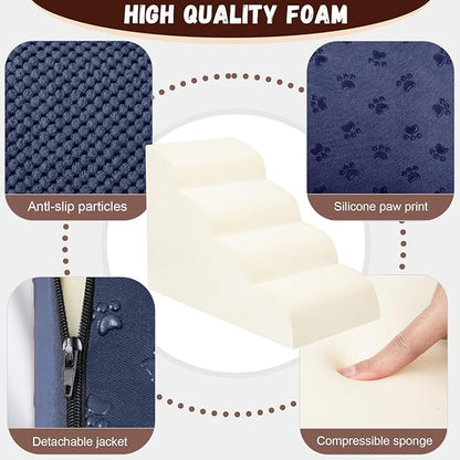 Dog Stairs for Small Dogs - High Density Foam Pet Steps, Extra Wide Dog Ramp with Non-Slip Bottom for High Beds, Couch and Sofa, Best for Dogs Injured, Older Doggy Cats, 4 Steps, Navy
