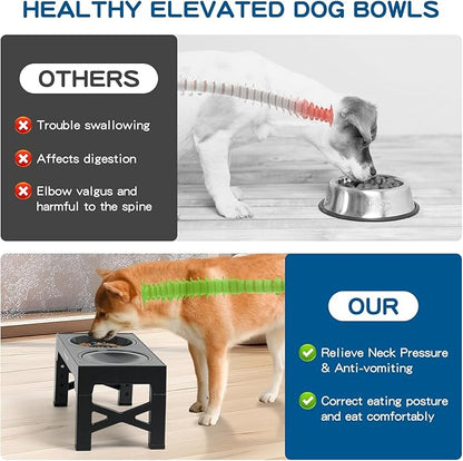 3-in-1 Elevated Slow Feeder Dog Bowls for Food and Water, 5 Heights Adjustable Raised Dog Bowls, Non-Slip, No Spill, for Small Medium Large Dogs and Cats(Grey)