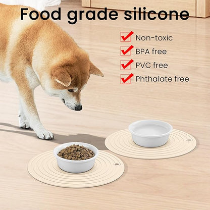 Ptlom Silicone Pet Food Mat for Dogs and Cats Placemat 2Pcs, Waterproof Non-Slip Feeding Bowl Mats Prevent Food and Water Overflow, Silicone Puppy Mat Suitable for Small Medium Pets, Beige, 9.5Inch