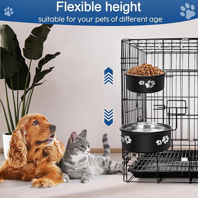2 Pack Kennel Water Bowl,2-in-1 Stainless Steel Dog Crate Water Bowl No Spill,Hanging Dog Bowls for Kennel Cage,Metal Pet Food Feeder Dish with Non-Slip Base for Dogs Cats Bunny Ferret Bird