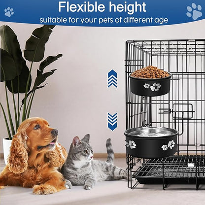 2 Pack Kennel Water Bowl,2-in-1 Stainless Steel Dog Crate Water Bowl No Spill,Hanging Dog Bowls for Kennel Cage,Metal Pet Food Feeder Dish with Non-Slip Base for Dogs Cats Bunny Ferret Bird