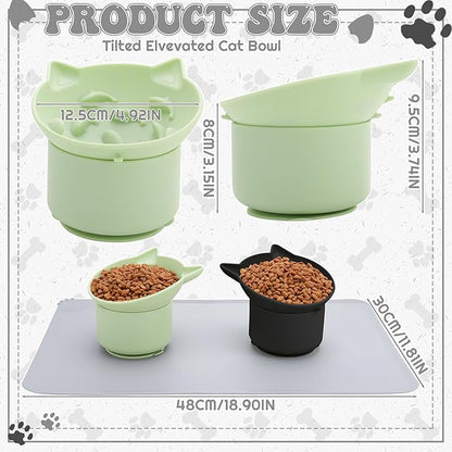 2 Pack Black, Green Slow Feeder for Cat Bowls, Silicone Tilted Raised Pet Bowl with Non Slip Base for Digestion Anti Vomit