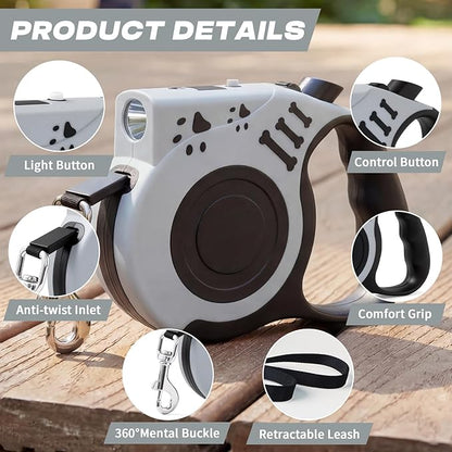 Retractable Dog Leash with USB Rechargeable Flashlight for Night Walks, 16FT Automatic Telescopic Tractor Dog Leash for Small and Medium Dogs, Grey