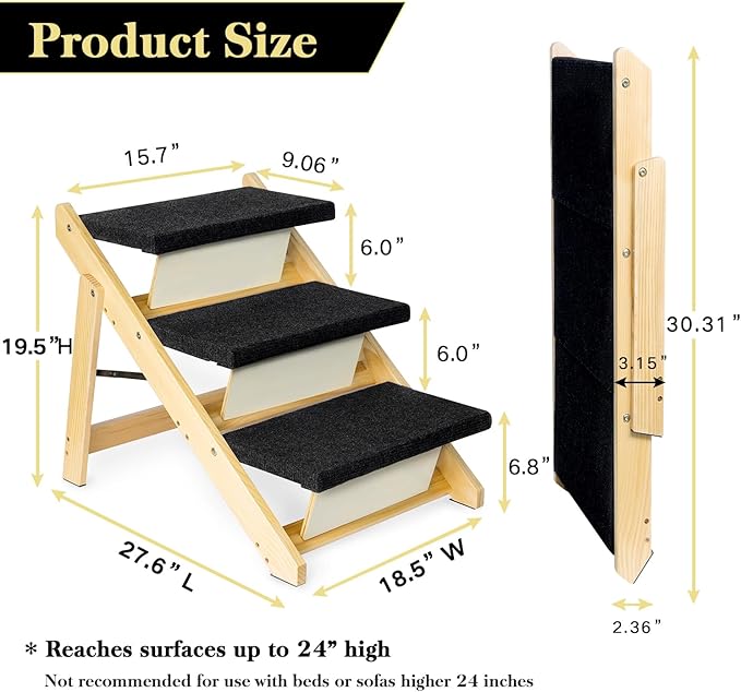 BRIKY 19.5" H Dog Stairs for Small Dogs, Non-Silp Wooden Dog Steps for Bed and Couch, Foldable 3-Step Pet Stairs for Medium Dogs and Old Cats, No Assembly Required