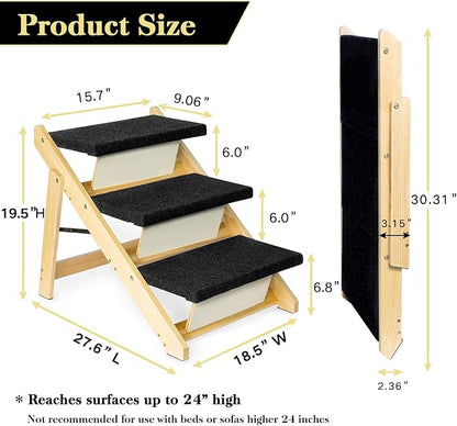 BRIKY 19.5" H Dog Stairs for Small Dogs, Non-Silp Wooden Dog Steps for Bed and Couch, Foldable 3-Step Pet Stairs for Medium Dogs and Old Cats, No Assembly Required