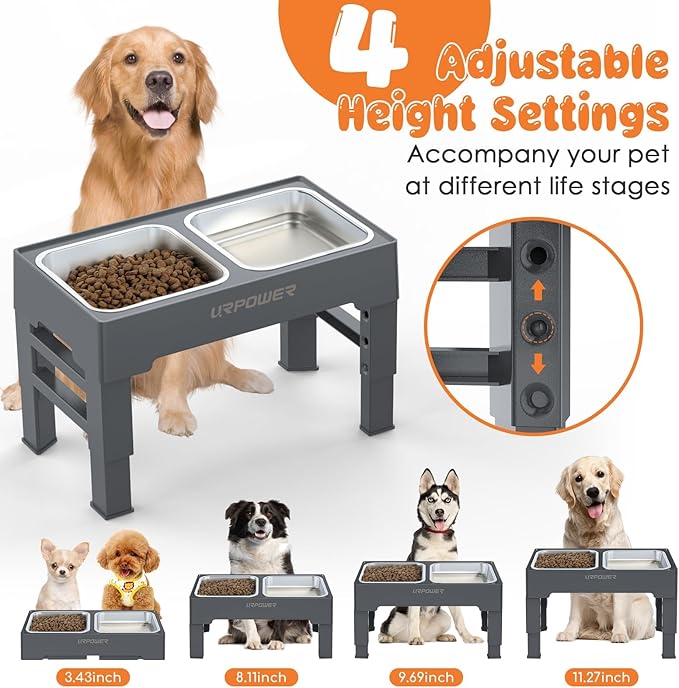 URPOWER Elevated Dog Bowls 4 Height Adjustable Raised Stand with 2 Large Stainless Steel Dog Food and Water Bowl for Small, Medium & Large Dogs