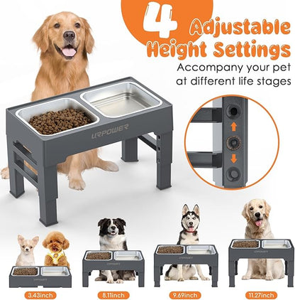 URPOWER Elevated Dog Bowls 4 Height Adjustable Raised Stand with 2 Large Stainless Steel Dog Food and Water Bowl for Small, Medium & Large Dogs
