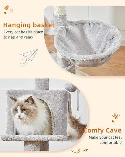 Taoqimiao Cat Tree,49-Inch Cat Tower for Indoor Cats,2 Luxurious cat condo with Adjustable Large Hanging Baskets and Large Luxurious Perch Light Gray MS029LW