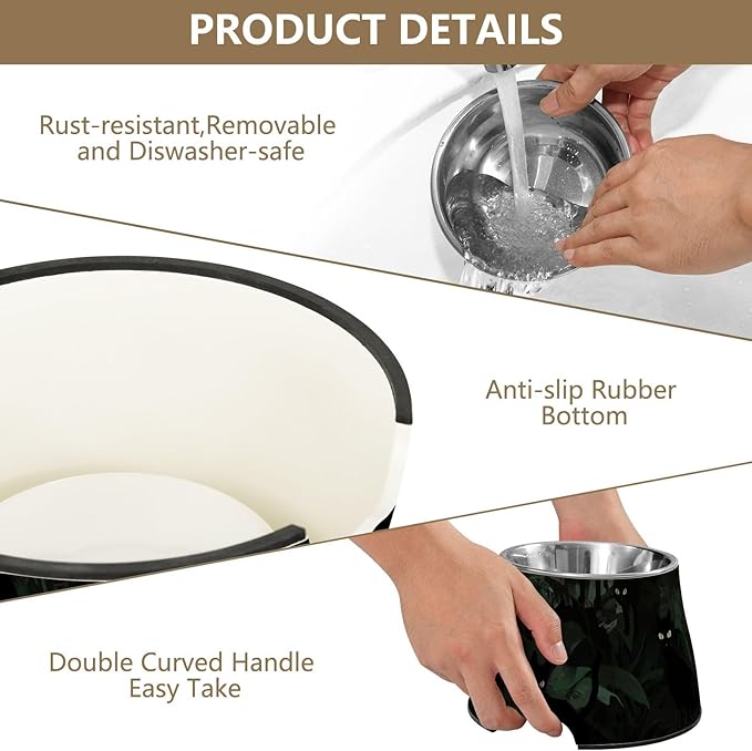 Gothic Darkness Black Cats Jungle Bowl for Dogs with Stand Stainless Steel Cats Basic Bowls for Small Pet Whisker Fatigue