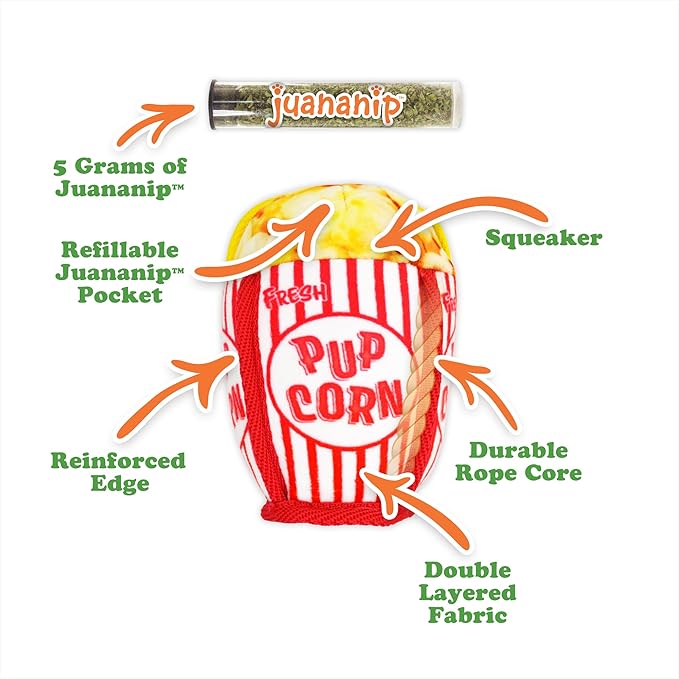Doggijuana Tuffer Chewer Mini Plush Dog Toy | Funny Dog Toy Plush with Juananip Catnip for Dogs | Calming Aid for Dogs | Interactive Squeaky Chew Toy for Play (Pupcorn)