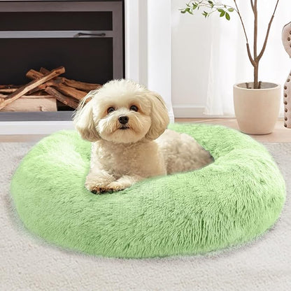 JOLLYVOGUE Calming Dog Bed Medium Size Dog, 31in Donut Washable Medium Pet Bed, Anti-Slip & Anti-Anxiety Fluffy Faux Fur Round Dogs Bed, Fits up to 45 lbs Pets (Light Green)