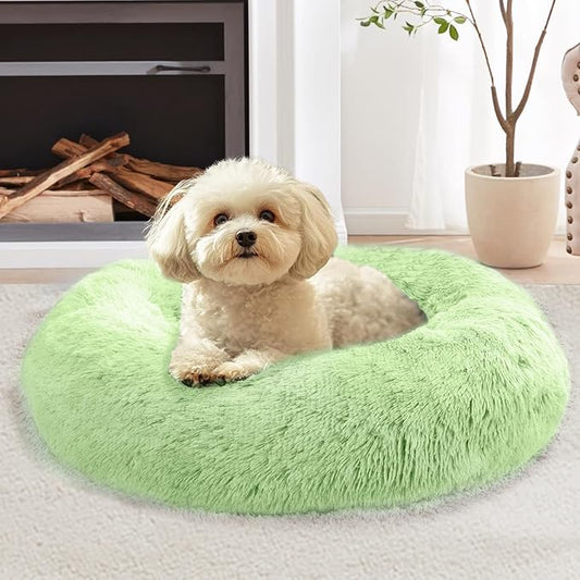 JOLLYVOGUE Calming Dog Bed Medium Size Dog, 31in Donut Washable Medium Pet Bed, Anti-Slip & Anti-Anxiety Fluffy Faux Fur Round Dogs Bed, Fits up to 45 lbs Pets (Light Green)