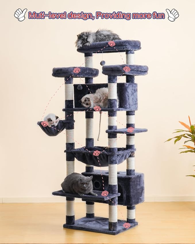 Cat Tree for Indoor Cats Large Adult, 74" Cat Tower with 3 Big Platforms, 2 Baskets, 2 Condos, Multi-Level Cat Scratching Posts, Smoky Gray GCT030G
