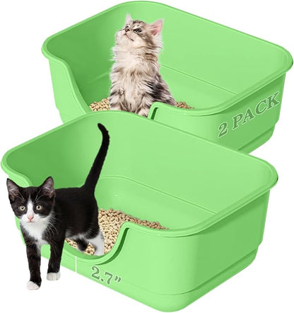 2 Pack Low Entry Small Litter Box for Kittens, Kitty Plastic Litter Boxes, Open Top, Anti-Splash High Sided Litter Tray Pan for Medium Pets, Puppy, Easy to Clean, 15.7"L*11.8"W*6.7"H (Green)