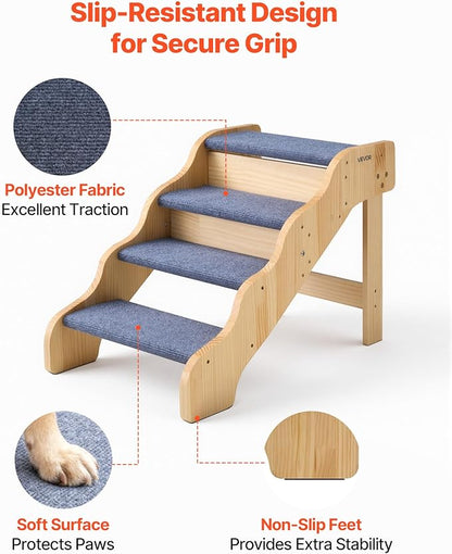 VEVOR Wood Pet Stairs, 4-Step Dog Stairs for High Beds, Sofa & Cars, 150lbs Load Capacity, Non-Slip Surface, Stable Cat & Dog Step Ladder for Small Medium Large Older Pet Puppy Essentials