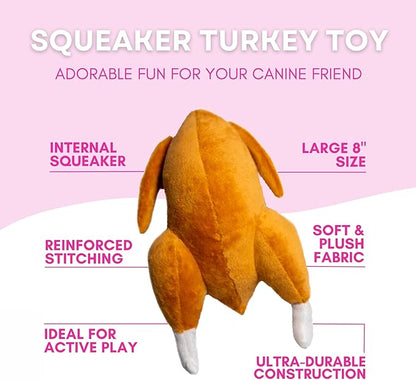Glow Pups Turkey Dog Toy with Squeaker, Durable Plush Thanksgiving Dog Toy Turkey for Fetch, Promotes Mental Stimulation, Easy to Clean, 8 X 5 Inches, Brown Plush