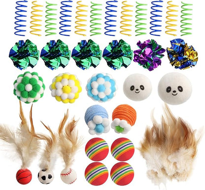 Cat Toys for Indoor Cats, a Set of 32 Interactive cat Toys, Including Colorful Springs, Squeaky Balls, Rainbow Balls, Feather Bouncy Balls, Bell Balls, and Many Other Kitten Toys.