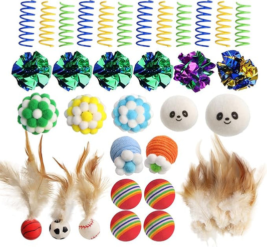 Cat Toys for Indoor Cats, a Set of 32 Interactive cat Toys, Including Colorful Springs, Squeaky Balls, Rainbow Balls, Feather Bouncy Balls, Bell Balls, and Many Other Kitten Toys.