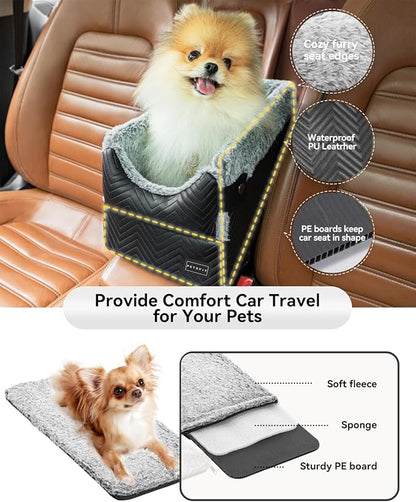 PETSFIT Center Console Dog Car Seat with Safe Protection Hooks, Pet Car Seat with Upgraded Safety Tethers, Washable Cushion, Console Dog Car Seats for Small Dogs Up to 8 Lbs(Black)