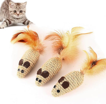 3 Pack Cat Mouse Toys with Feather Tail Rattling Noise Sound Natural Sisal Cat Toys Teeth Cleaning Dental Chew Toys Interactive Cat Mice Toy Mice Cat Toys for Indoor Cats Kittens Puppies