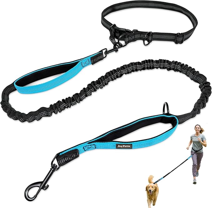 4-6 FT Hands-Free Dog Leash for Running & Walking - Adjustable Waist Belt (28-47"), Shock-Absorbing Bungee, 2 Reinforced Handles, Reflective & Anti-Pull for Small/Medium Dogs, Blue