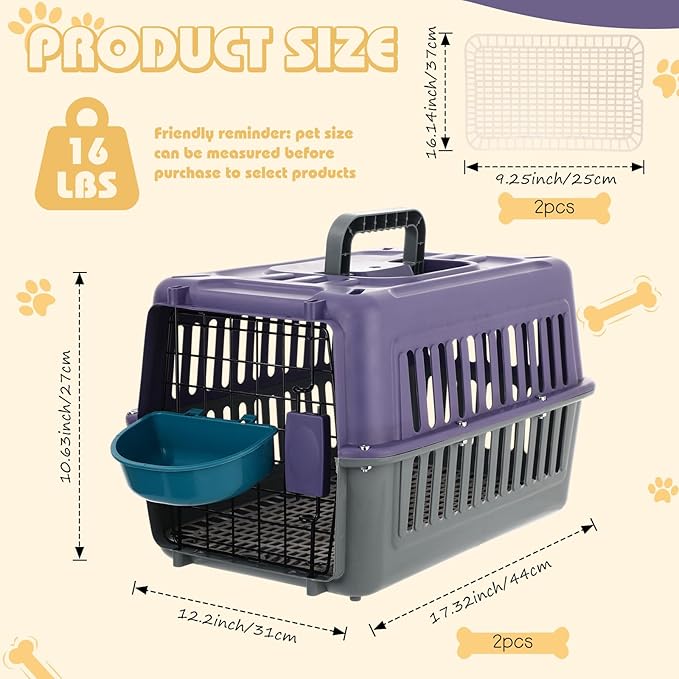 2 Set Travel Pet Carriers for Small Cat Dog Plastic Hard Shell Carrier Cat with Bowl Wire Door Grille Mat Portable Breathable Security Lock Puppy Kennel for Travel Airline, 17.5", up to 13lbs(Purple)