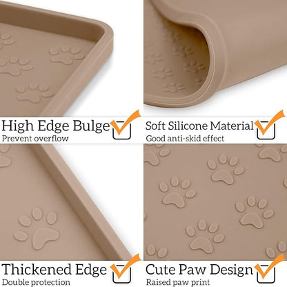 Ptlom Dog Food Mat Waterproof Pet Bowl Mats with High Lips, Non-Slip Dog Placemat Prevent Messy Spills to Floor, Silicone Puppy Feeding Tray for Small, Medium Large Dogs Cats, Taupe, 24.5" 16.5"