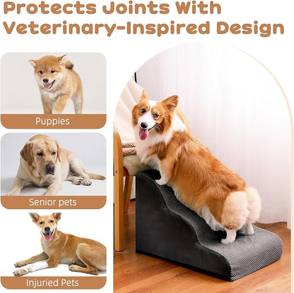 Makigued Dog Stairs for Small Dogs and Cats, 16" H 3 Steps Pet Steps Ramp for High Bed, Couch, Sofa, Waterproof Pet Stairs with Removable Washable Cover, Non-Slip Bottom, Dark Gray