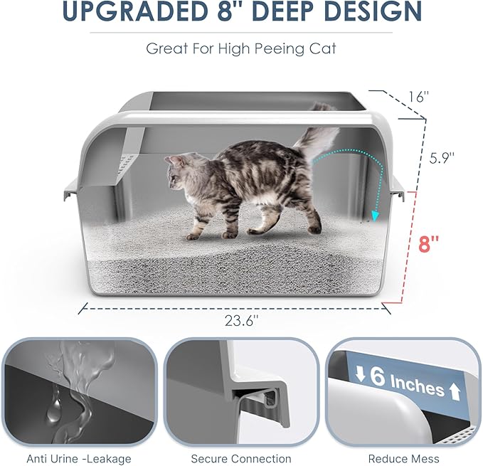 8" Deep Stainless Steel Cat Litter Box with Lid Extra Large Litter Box for Big Cats XL Metal Litter Box Pan with High Wall Sides Enclosure, Non-Sticky, Anti-Leakage, Easy Cleaning