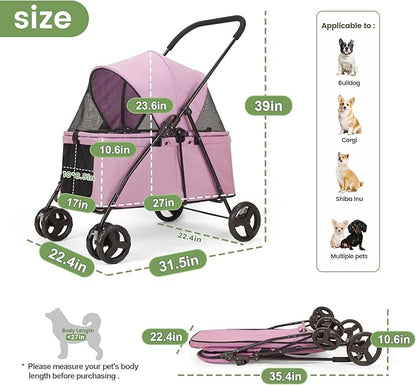 20% Larger Capacity, Wedyvko Dog Stroller for Medium/Small Pets w/Dog Poop Bags & Dispenser, Storage Pouch, Zipperless, Entry in/Out Easy, Max Load 55 lbs