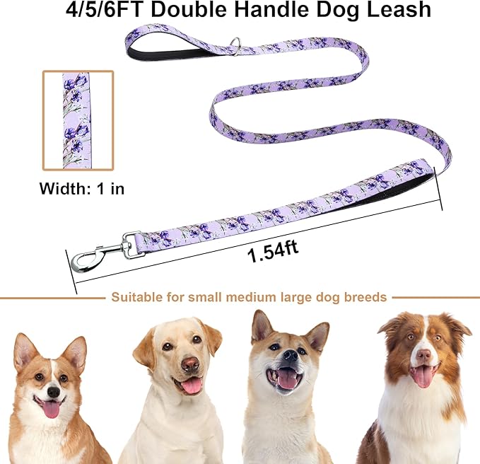 Double Handle Dog Leash 5ft with 2 Padded Handles, Cute Purple Dog Leash with Soft Dual Handle, Walking Training Lead for Small Medium Large Dogs, Lavender Lily