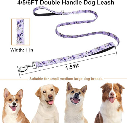 Double Handle Dog Leash 5ft with 2 Padded Handles, Cute Purple Dog Leash with Soft Dual Handle, Walking Training Lead for Small Medium Large Dogs, Lavender Lily