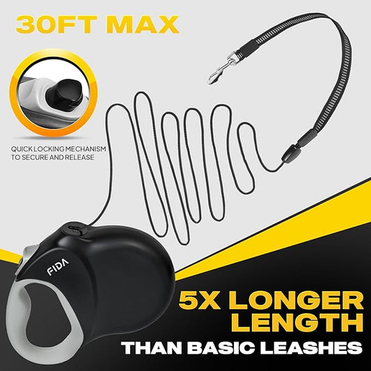 Fida Upgraded Retractable Dog Leash 30ft, Heavy Duty Pet Walking Leash for Medium/Large Breed up to 110 lbs, 360° Tangle-Free Long Retract Dog Lead, Soft Grip, One-Hand Brake, Black (Pack of 2)