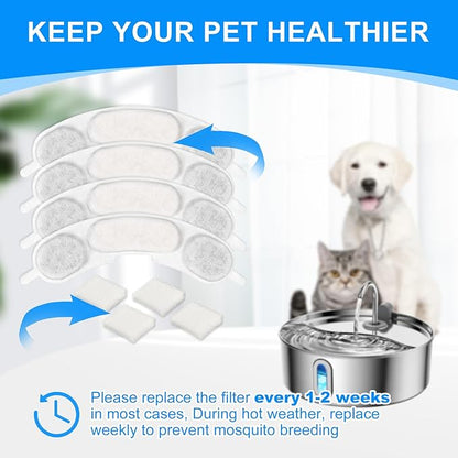 Dog Water Bowl Filter Replacement Compatible with Smartoo 236oz/7L Stainless Steel Dog Water Fountain, Multilayer Filtration System Dog Water Bowl Filter Replacement, 12 Filters + 12 Sponge