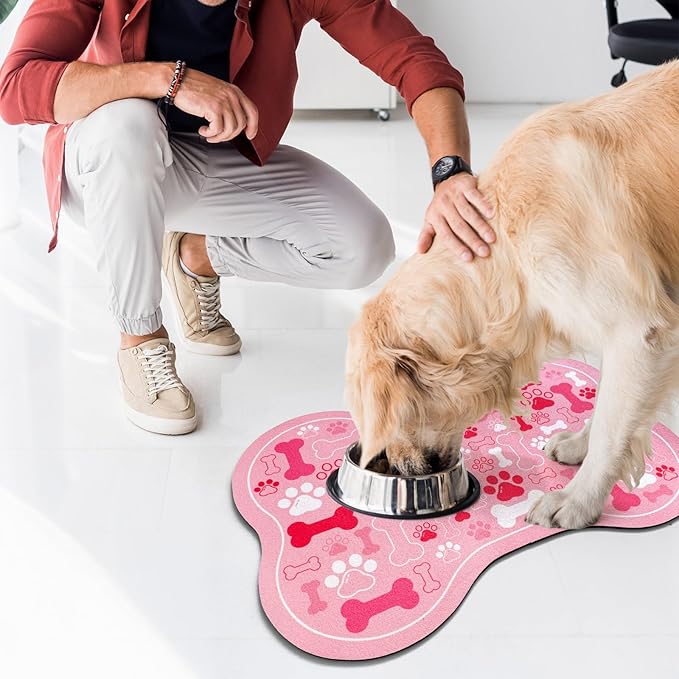 Dog & Cat Food Mat Bone Shaped Pet Feeding Mat Quick Absorb Water Bowl Placemat with Rubber Backing Indoor Floor Stain Resistant Pet Accessory Supplies (Pink, 12x18 Inches)
