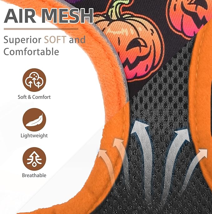 PUPTECK Soft Mesh Dog Harness and Leash Set Pet Puppy Cat Comfort Padded Vest No Pull Harnesses, Halloween Orange, S