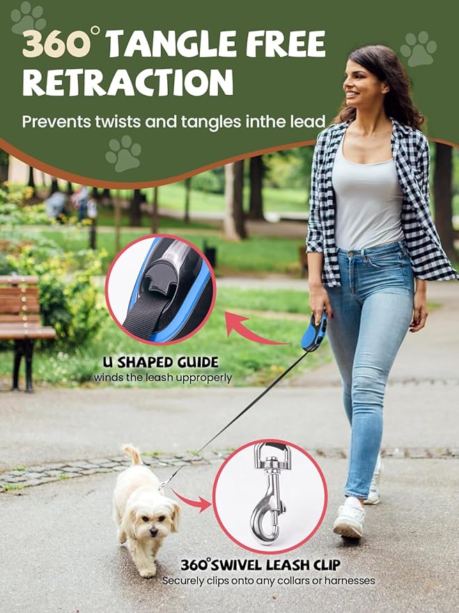 Retractable Dog Leash with Led Light, Douexio 16ft Rechargeable Walking Dog Leash for Small Medium Dogs Up to 66 lbs,360° Tangle-Free, One-Button Control, High Strength Hook