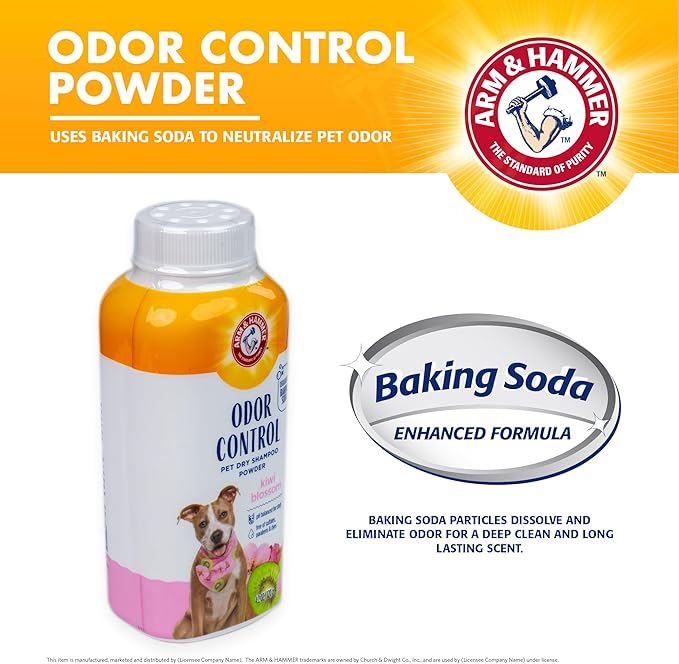 Arm & Hammer for Pets Odor Control Dry Shampoo Powder for Dogs & Puppies, Waterless Dog Deodorizer with Baking Soda, Paraben Sulfate and Dye Free Formula, Kiwi Blossom Scent, 4.2 Oz
