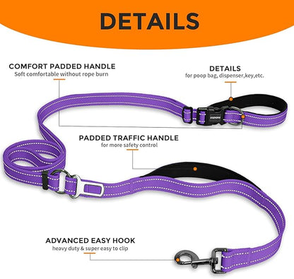 Kazazoo Hands-Free Dog Leash with Adjustable Length 6-9FT + Dual Padded Handles Reflective Safety for Walking, Jogging & Training | Suitable for Medium to Large Dogs & Puppies Purple-L