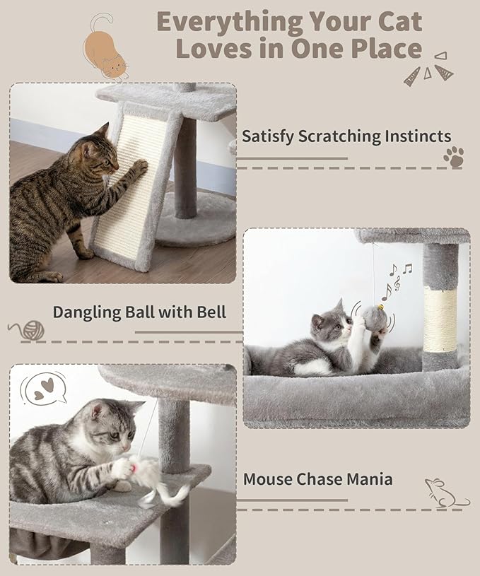 68 Inches Heavy Duty Cat Tree for Indoor Cat, Big Cat Tower with Sisal Scratching Posts and Top Perch, Large Platform for Adult Cats, PMT02GY, Grey