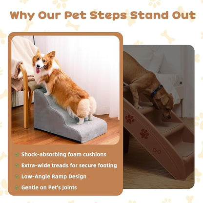 Makigued Dog Stairs for Small Dogs and Cats, 16" H 3 Steps Pet Steps Ramp for High Bed, Couch, Sofa, Waterproof Pet Stairs with Removable Washable Cover, Non-Slip Bottom, Light Gray