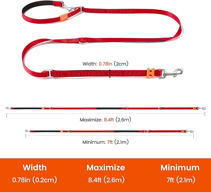 HOWGO Hands Free Dog Leash with Padded Handle,Multifunctional Crossbody Waist Leash for Walking Running Jogging Training,7.5 FT Nylon Adjustable Length for All Breeds(Red, Standard)