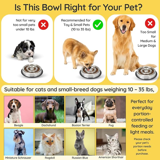 1.2 Cup (9.5 oz) Slow Feeder Dog Bowls, Shallow Spiral Style Stainless Steel Small Dog, Cat Dry, Wet Food Dishes Fast Eater Nonslip Heavy Feeding Puzzle Bowl, Slow Down Eating