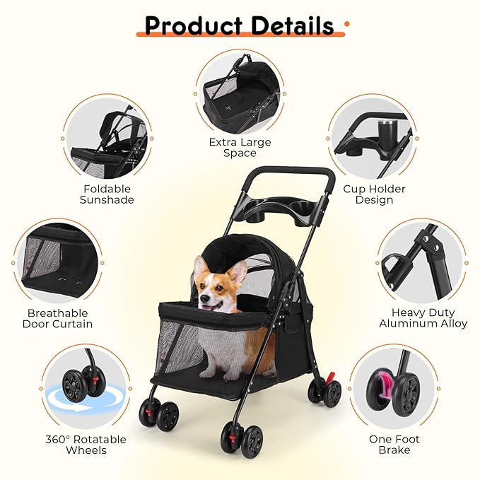 Foldable Pet Stroller for Small/Medium Pets up to 22 lbs - Lightweight 4-Wheel Design with Sun Canopy, Storage Bag & Breathable Mesh（Black