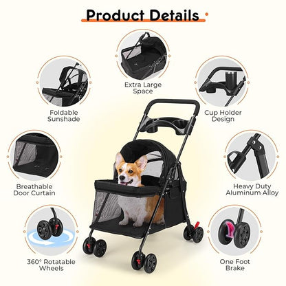 Foldable Pet Stroller for Small/Medium Pets up to 22 lbs - Lightweight 4-Wheel Design with Sun Canopy, Storage Bag & Breathable Mesh（Black