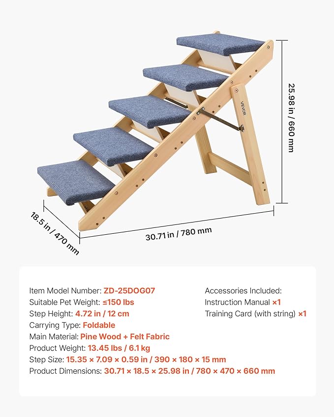 VEVOR Wood Pet Stairs, 5-Step Dog Stairs for Beds, Sofa & Cars, 150lbs Load Capacity, Floded Flat Design, Stable & Sturdy Cat & Dog Step Ladder for Small Medium Large Older Pet Puppy Essentials