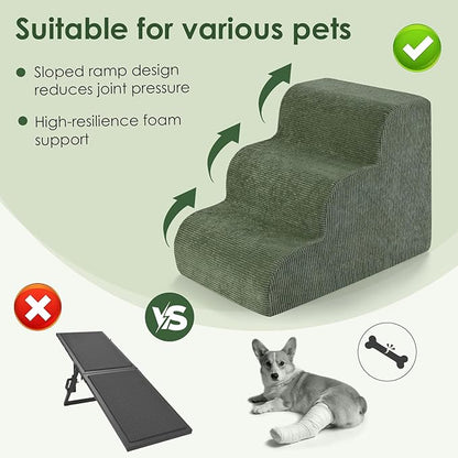 Dog Stairs for Bed 15" H, 3-Step Dog Ramp for Aged and Injured Dogs, Up to 50 Lbs Foam Pet Stairs for Small Dogs and Cats to Get on Couch or Chair, Non-Slip, Steady, Washable Cover, Green