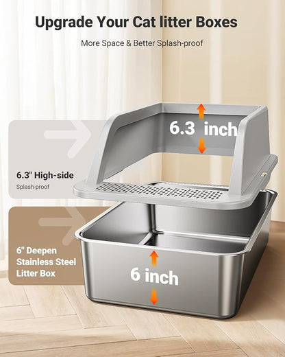 XL Stainless Steel Litter Box, Extra Large Metal Cat Litter Box with High Sided for Big Cats, Enclosed Litter Boxed with Lid, Easy-Clean Cat Litter Mat & Scoop Kit, Anti-Urine Leakage (Grey)