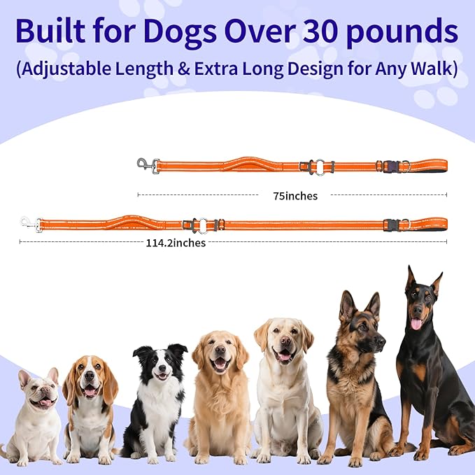 Kazazoo Hands-Free Dog Leash with Adjustable Length 6-9FT + Dual Padded Handles Reflective Safety for Walking, Jogging & Training | Suitable for Medium to Large Dogs & Puppies Orange-L