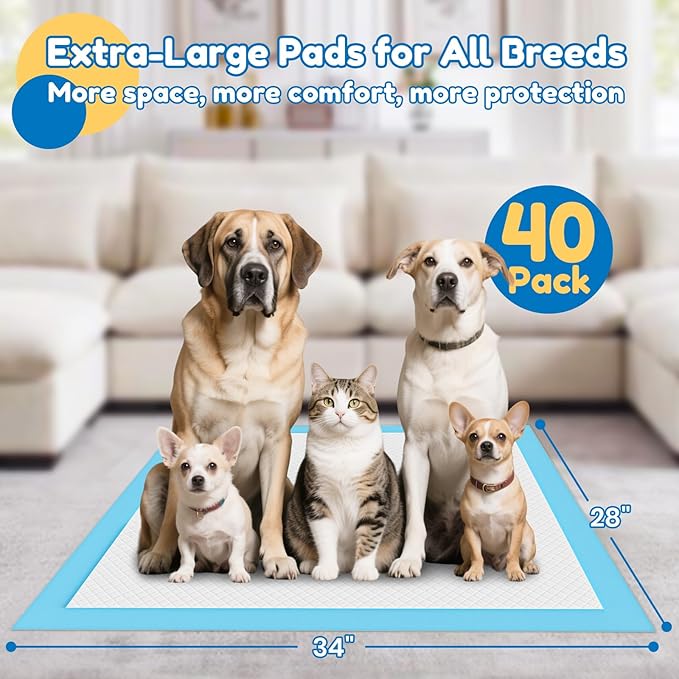 Extra Large Dog Pee Pads 28" x 34" - Barpor 5-Layer Super Absorbent Puppy Pads with Leak-Proof Quick-Dry & Fast-Edge Absorption, Disposable Dog Training Pads Anti-Slip, 40 Pack